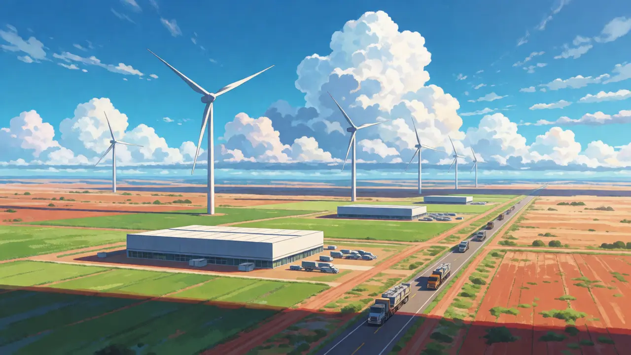 Modern mining warehouses and wind turbines in the Texas landscape.