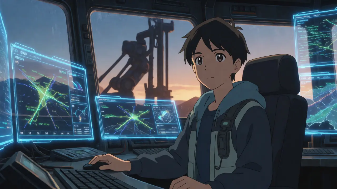 Operator monitoring holographic data displays in a futuristic mining control room
