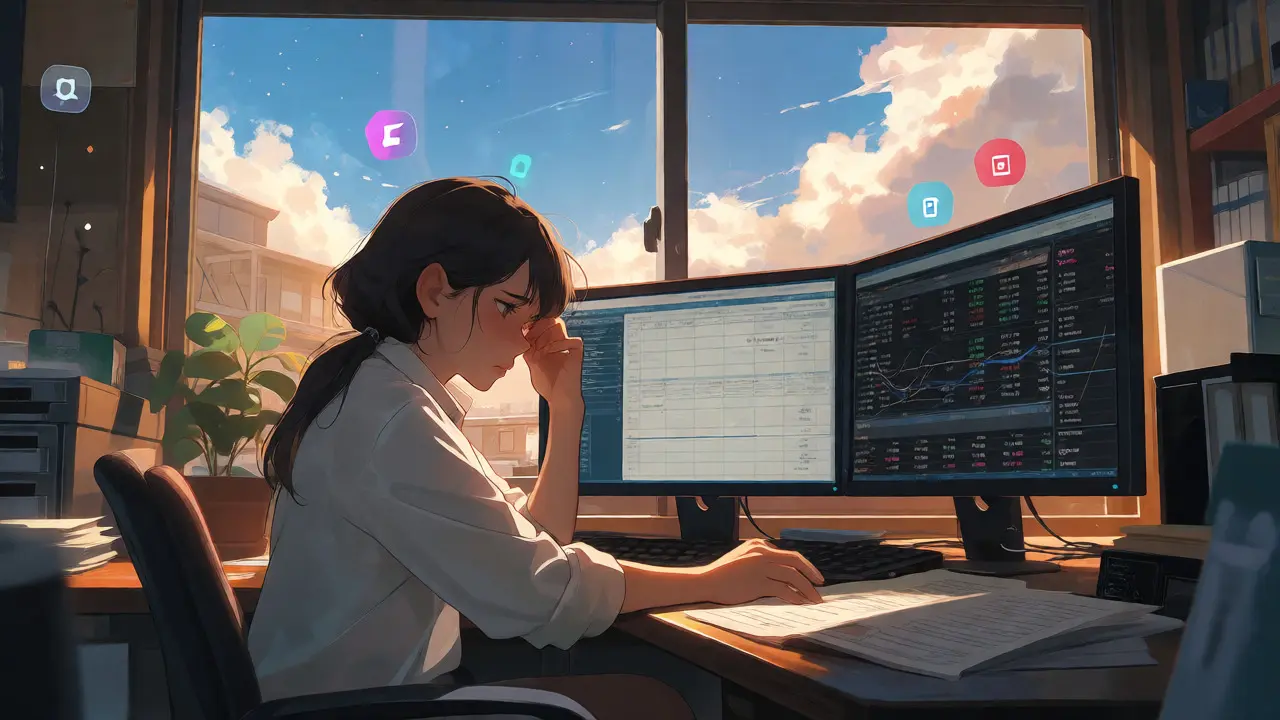 Overwhelmed trader managing complex crypto tax records in sunlit room