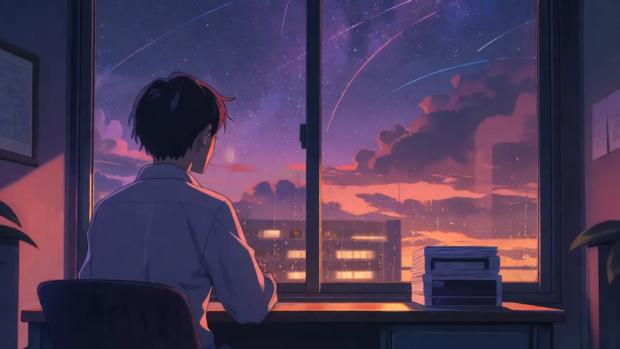 Person contemplating crypto investments at a desk during a starry twilight.
