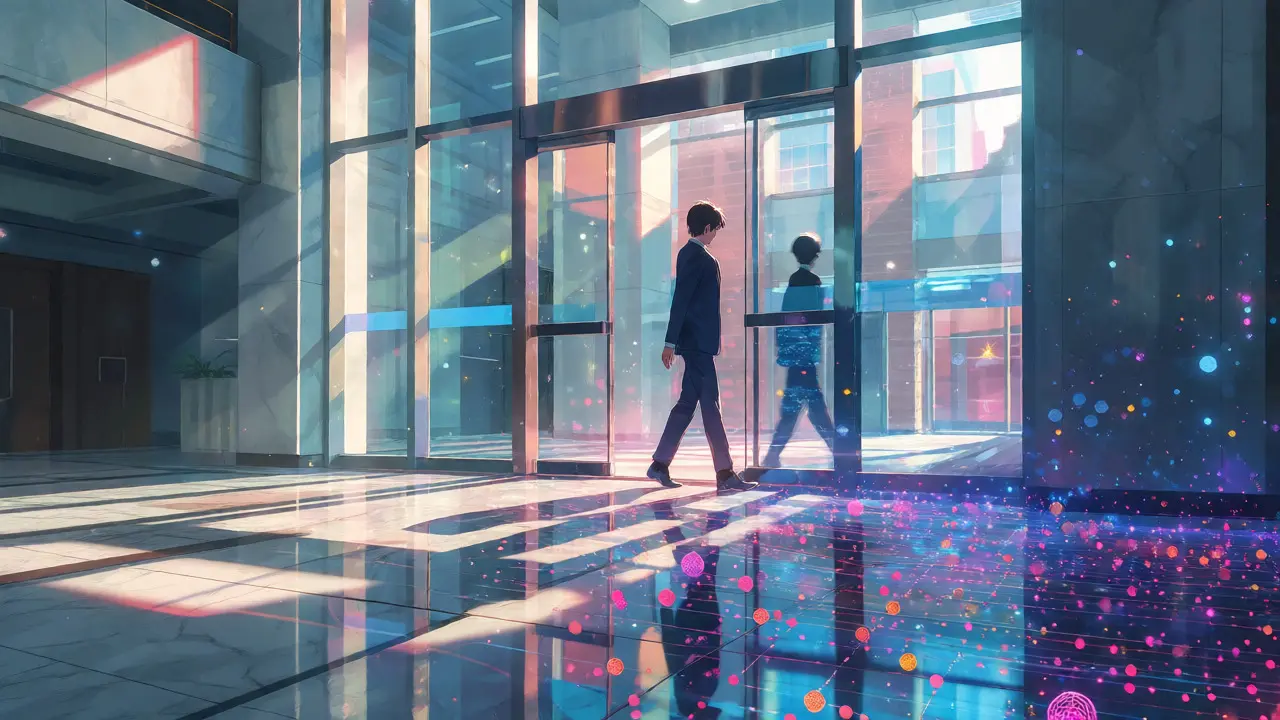 Person walking from bank lobby into digital data stream with sun rays