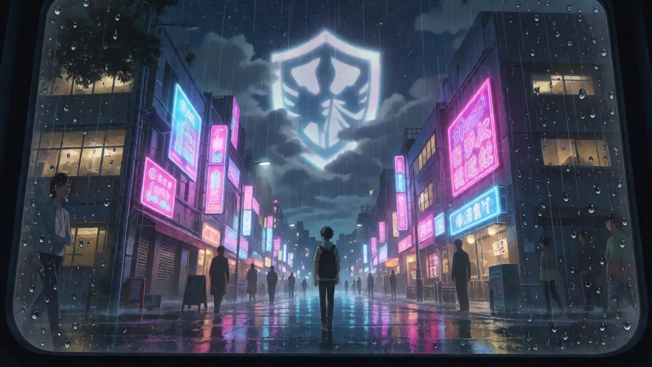 Rainy neon city street with distant hero emblem in sky