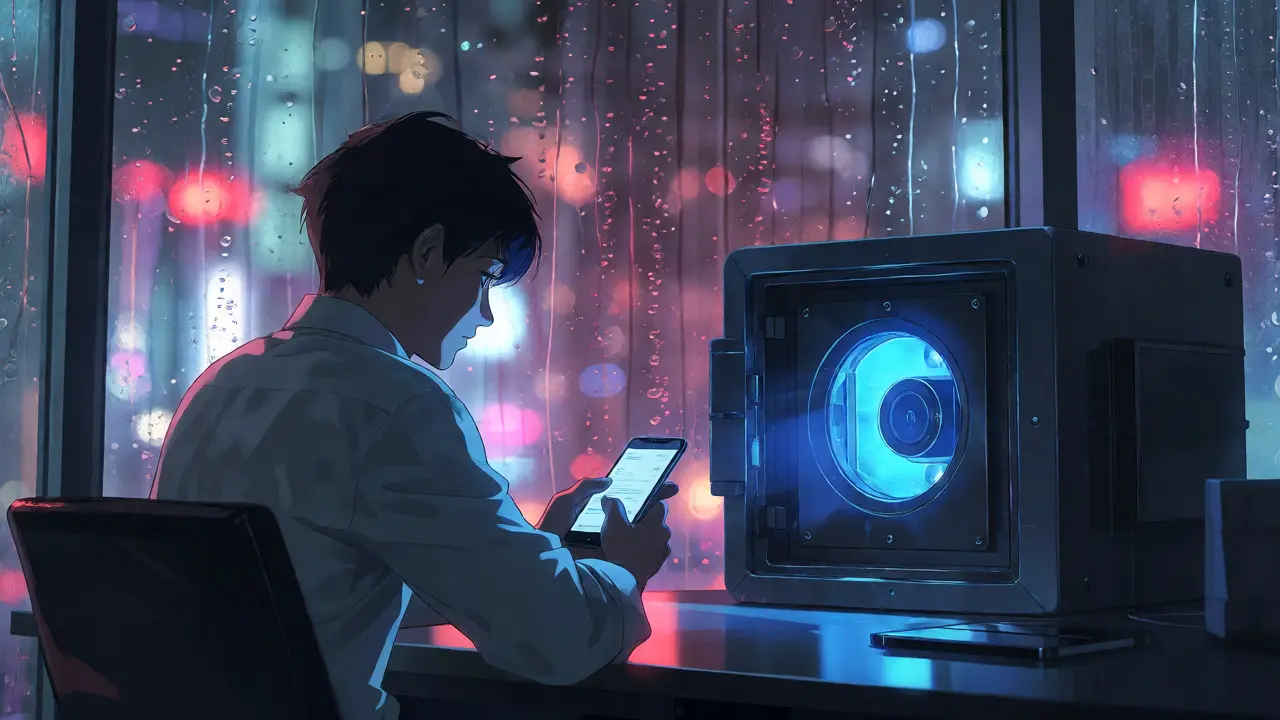 Relieved person in office holding phone near glowing vault on rainy day
