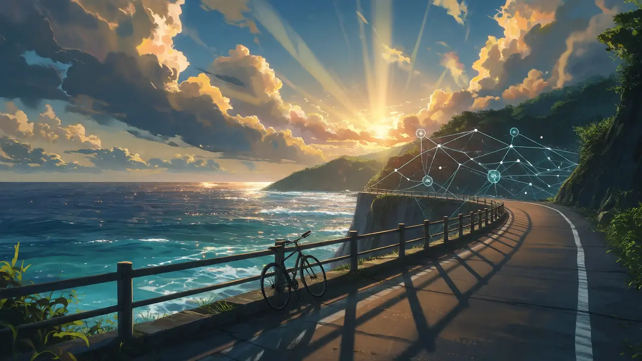 Scenic coastal road with subtle blockchain network overlay in sunset