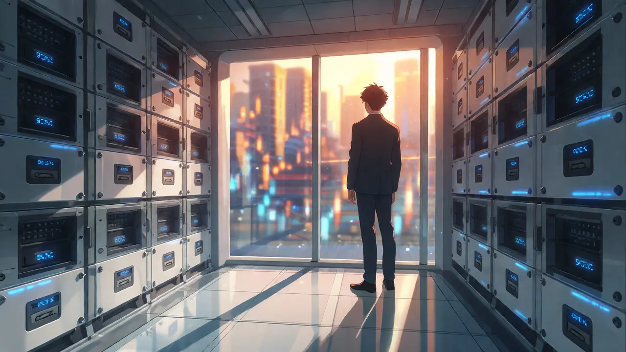 Secure vault with cold storage devices and a figure viewing the city