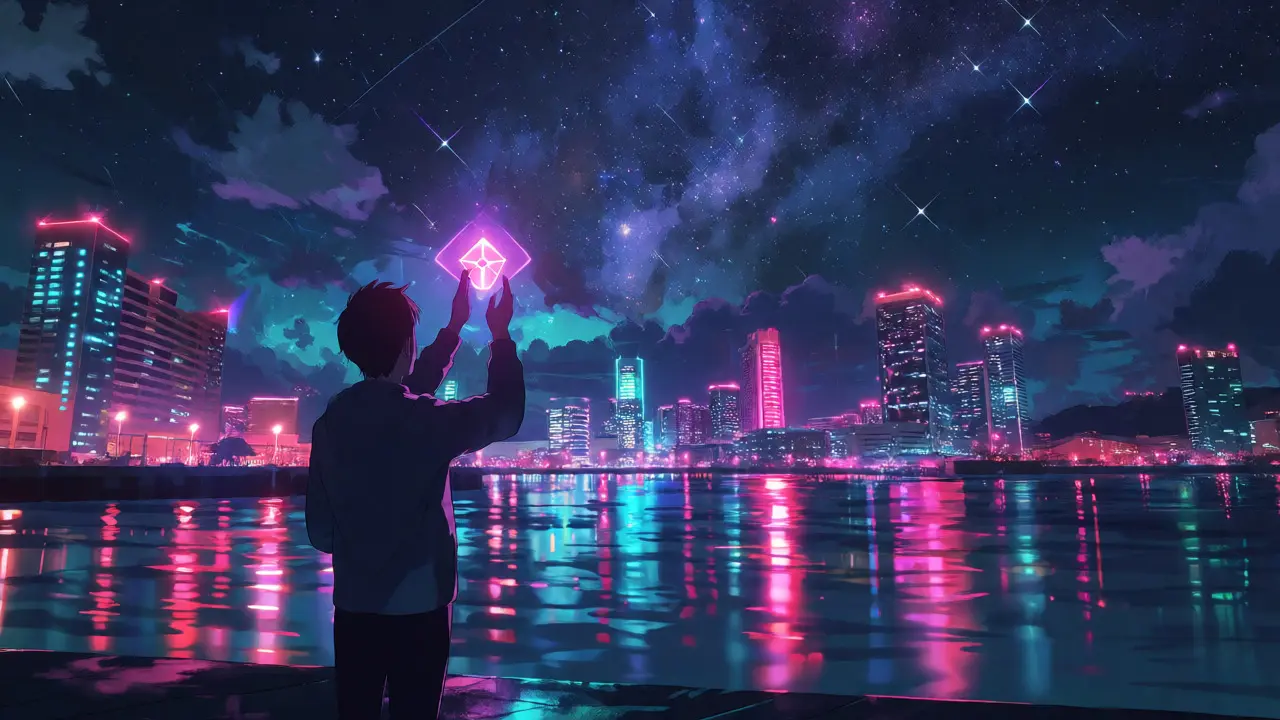 Silhouette holding glowing token against starry night city
