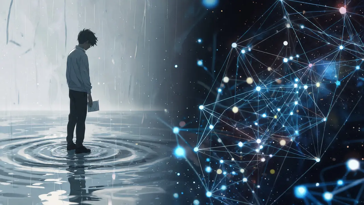 Split scene showing a lone figure with a seed phrase in rain versus a glowing network of distributed nodes.