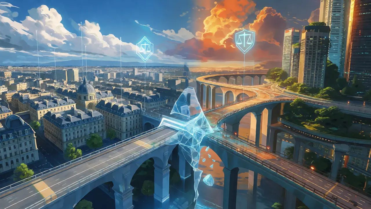 Split view of European and Asian cities connected by broken light bridge