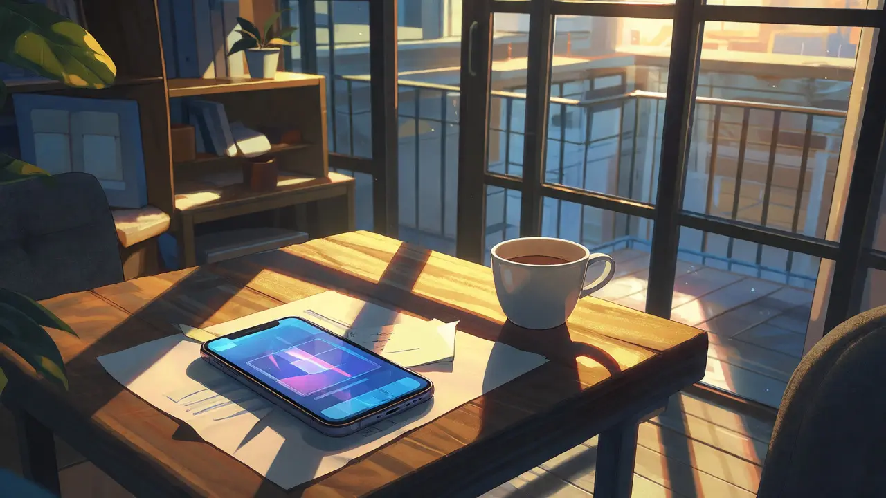 Sunlit desk with phone and notes for crypto research