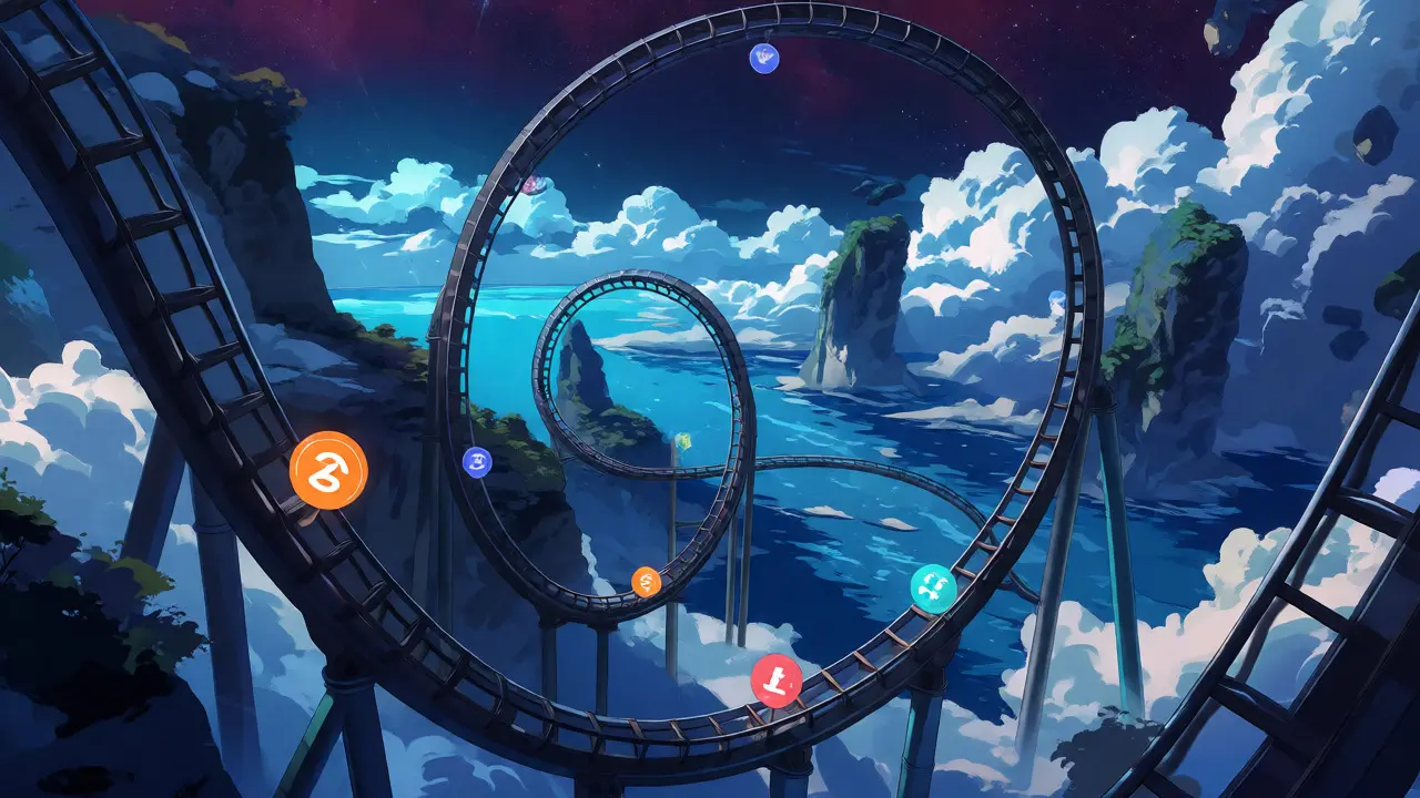 Surreal rollercoaster track over floating islands representing volatile crypto markets.