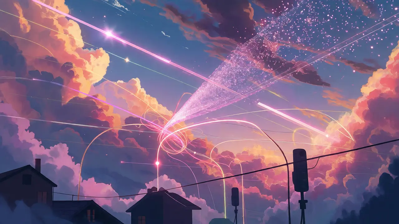 Surreal visualization of proxy data streams flowing through a vibrant, cloud-filled sunset sky.