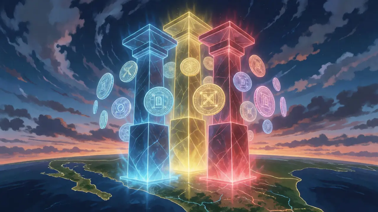 Three glowing pillars representing Mexican crypto regulators over a map