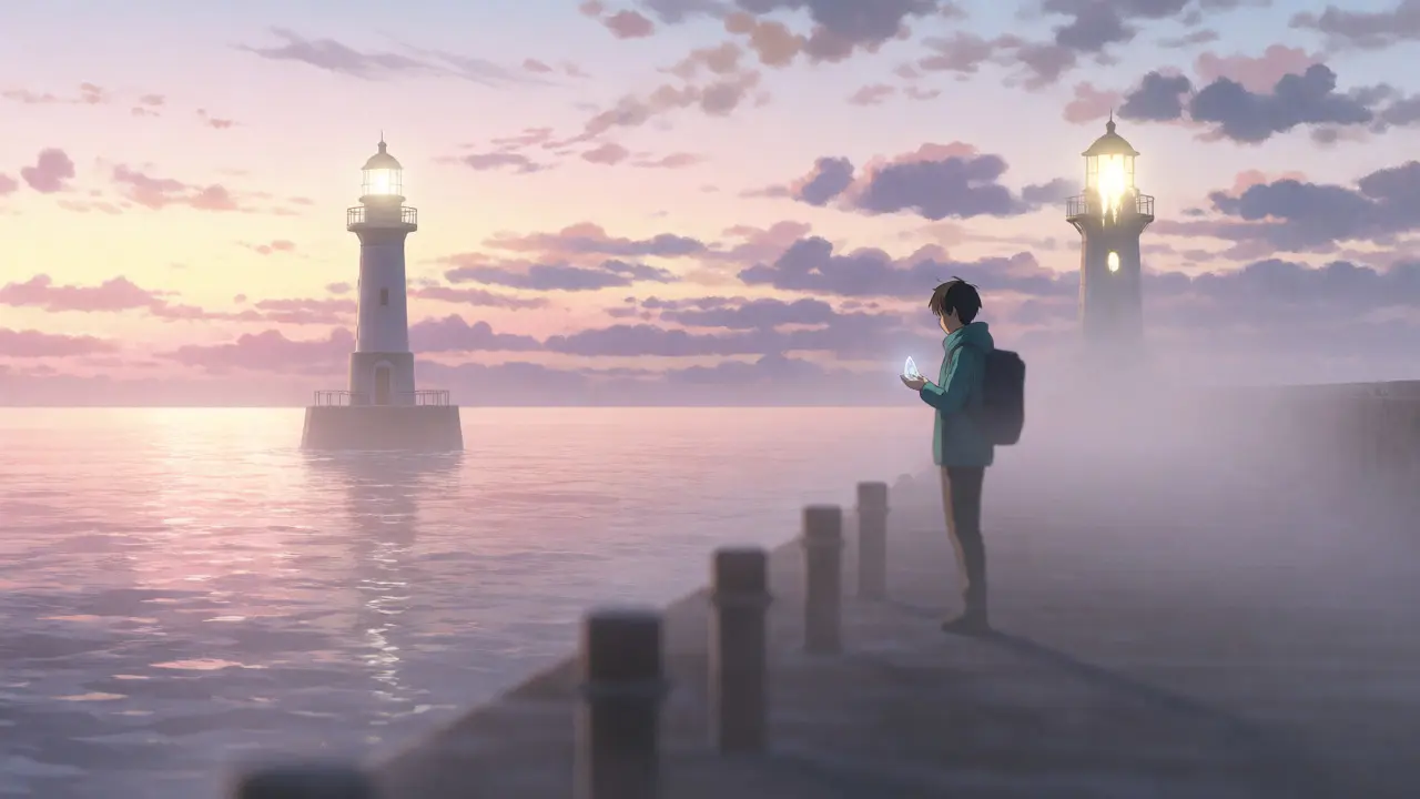 Traveler comparing two distant lighthouses on a misty dawn pier.