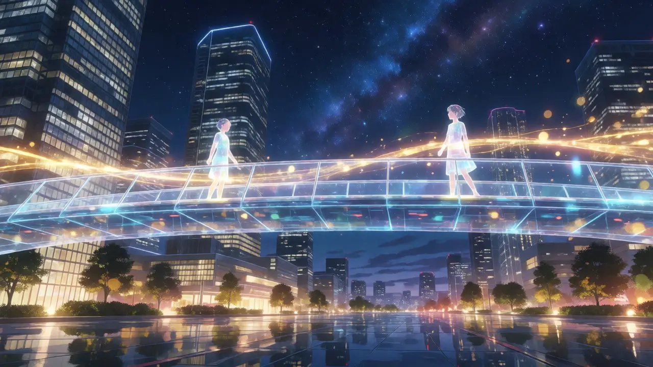 Two figures exchanging golden light streams on a bridge over a night city.