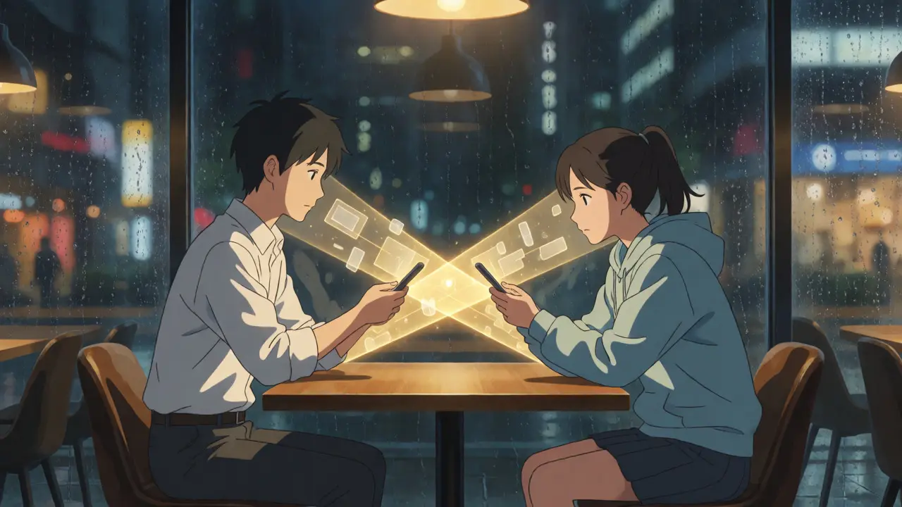 Two people exchanging digital data via phones in cafe