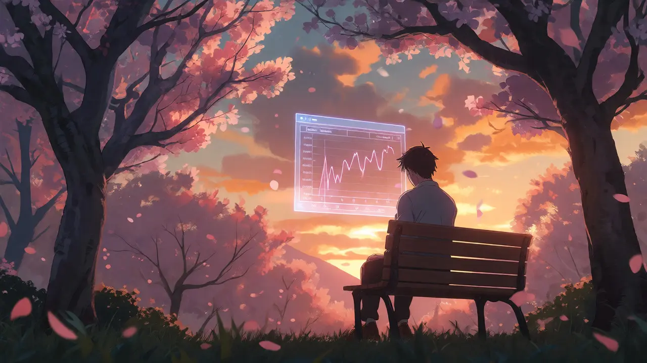 User viewing volatile crypto chart hologram under cherry blossoms