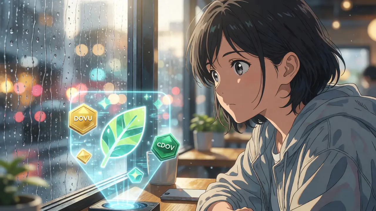 Woman viewing holographic crypto tokens in cafe