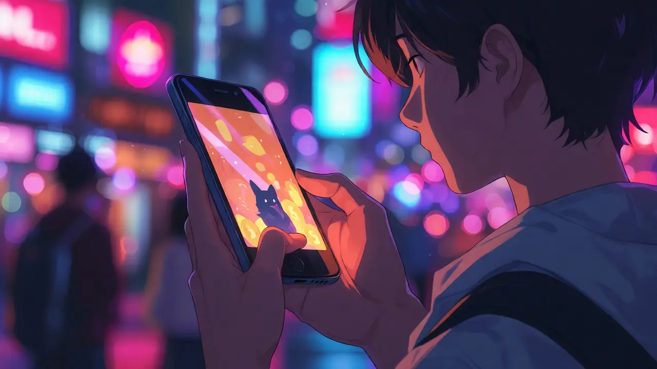 Young person holding a glowing smartphone with crypto reflections in a neon-lit city.