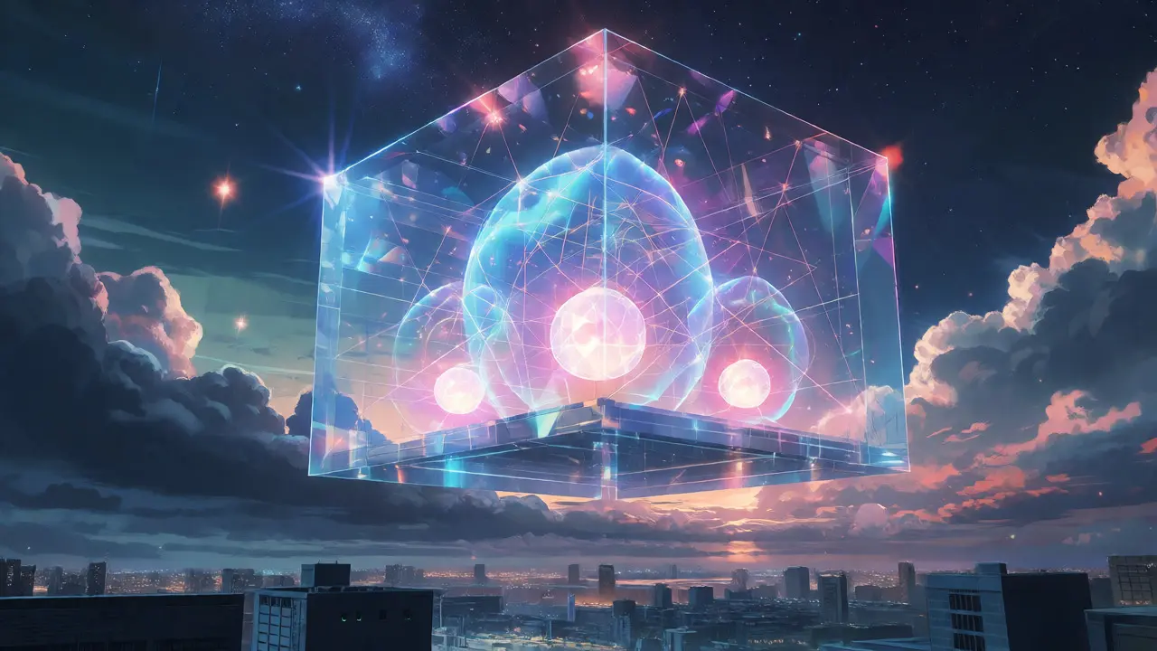 A glowing crystalline vault floating in a starry night sky, protected by shimmering energy shields.