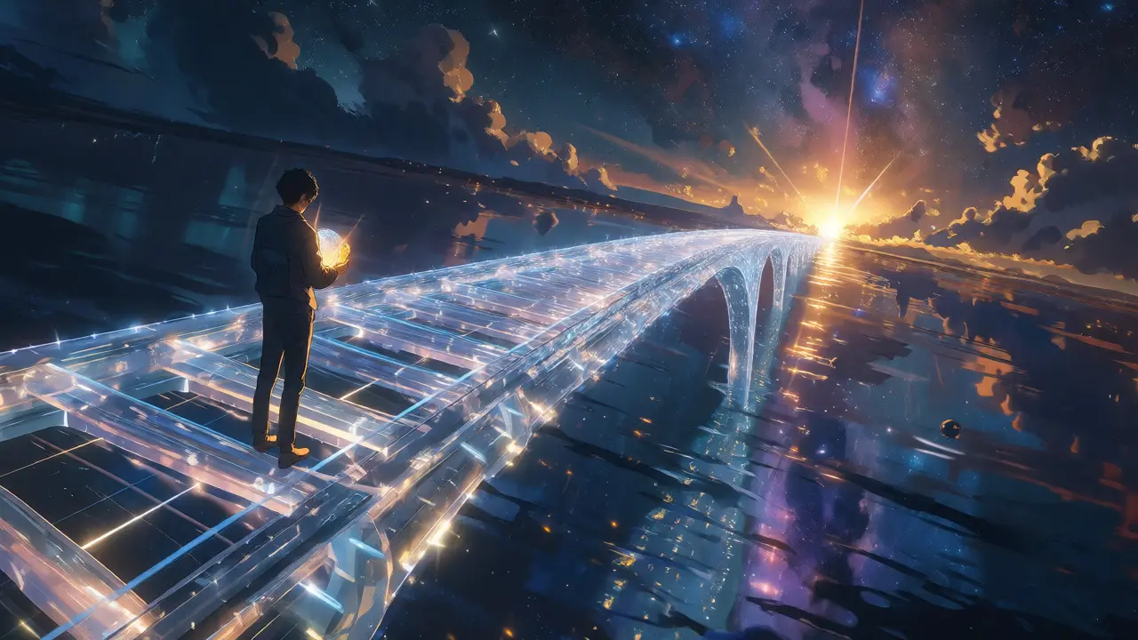 Character on a glowing energy bridge over a reflective ocean at dawn.