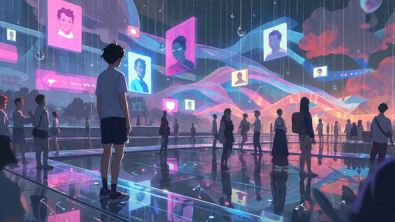 Character on digital platform interacting with avatars in a rainy neon-lit plaza