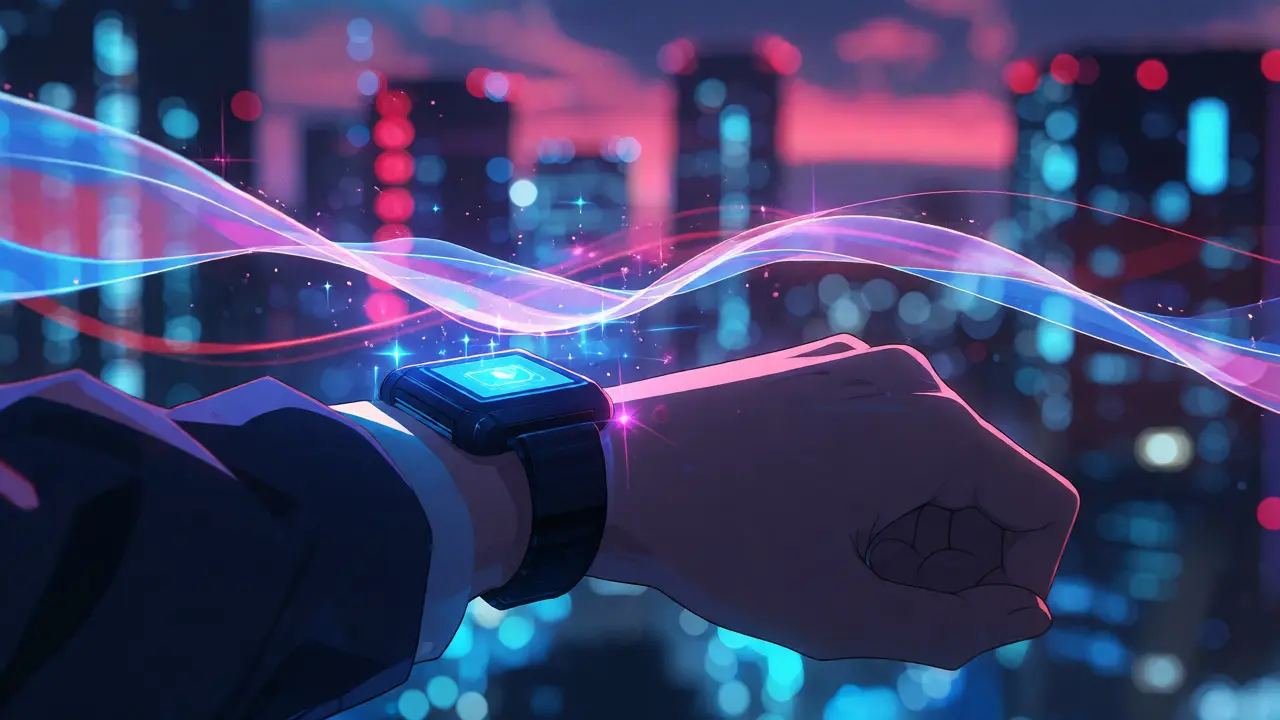 Close-up of an anime character using a holographic wrist interface displaying intertwined token light ribbons.