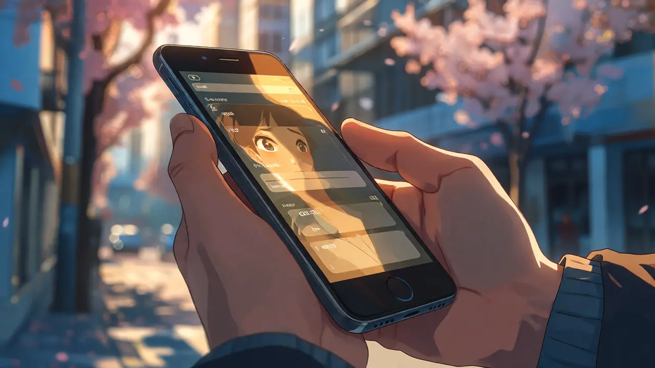 Close-up of hands holding a smartphone with a glowing wallet app against a blurred sunny street.