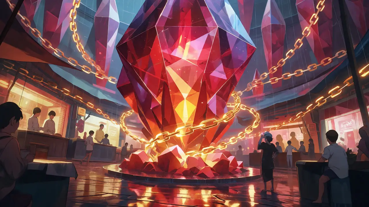 Crystalline tower representing token economy with light chains