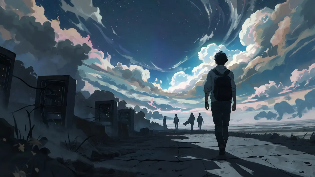 Developer walking toward bright horizon leaving shadowed mining rigs