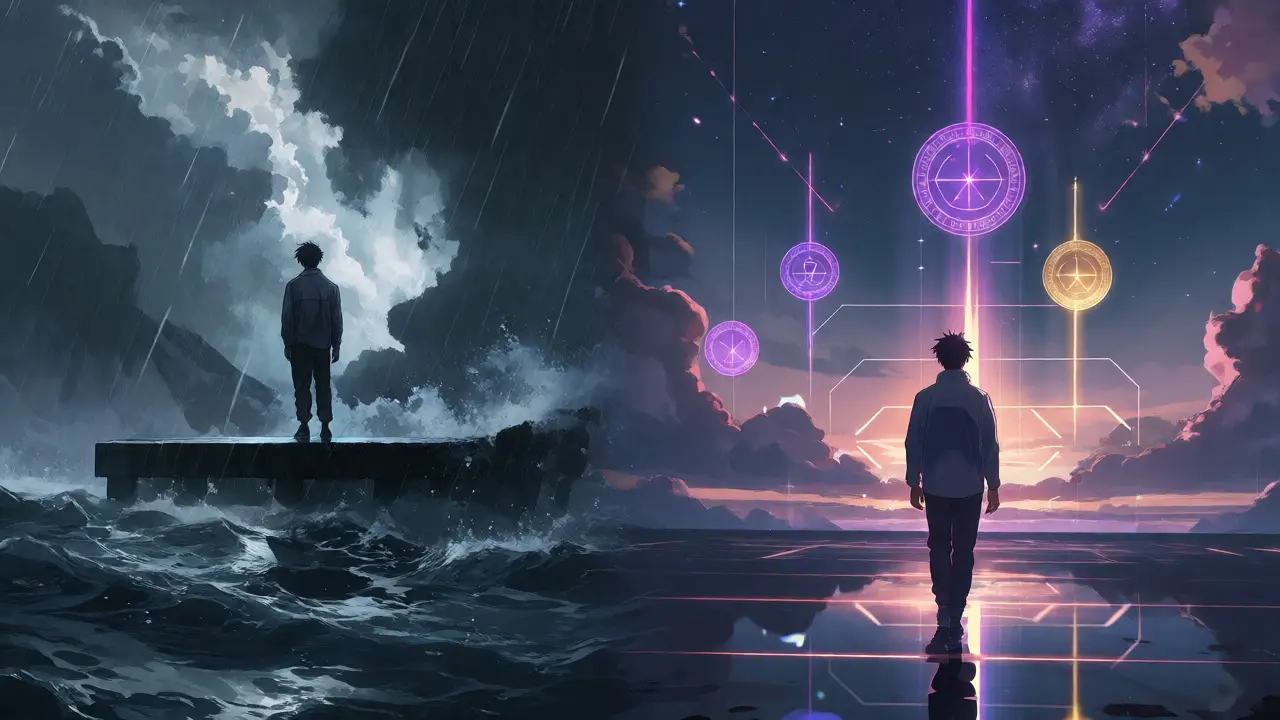 Figure balancing on a stormy sea near a futuristic, glowing horizon of privacy coins.