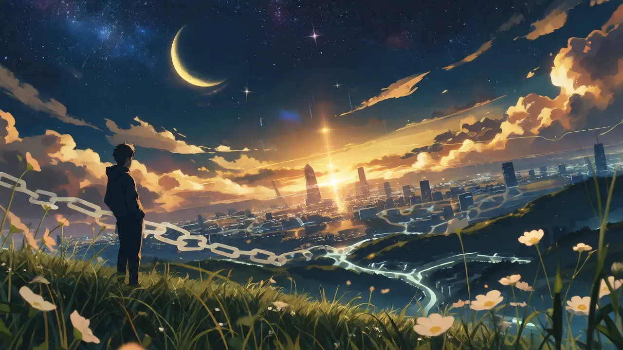 Figure on hill overlooking city at dawn with digital chain motifs