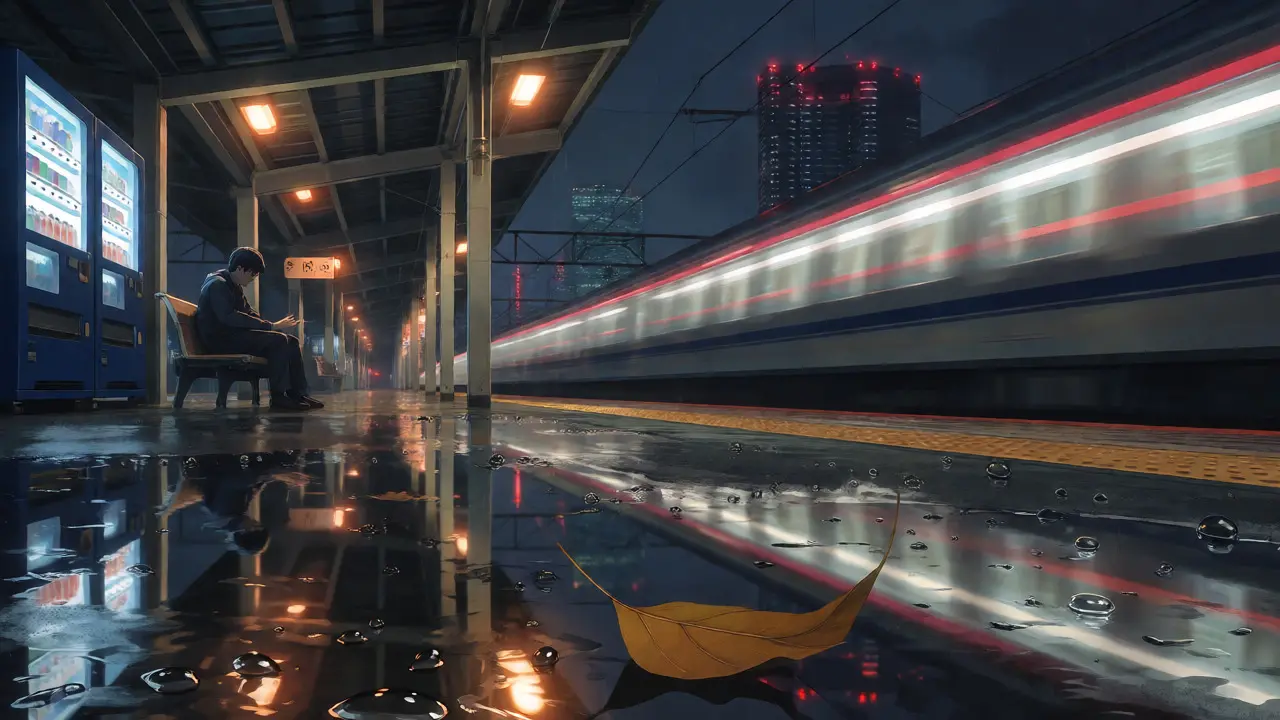 Figure on rainy train platform watching blurred train depart