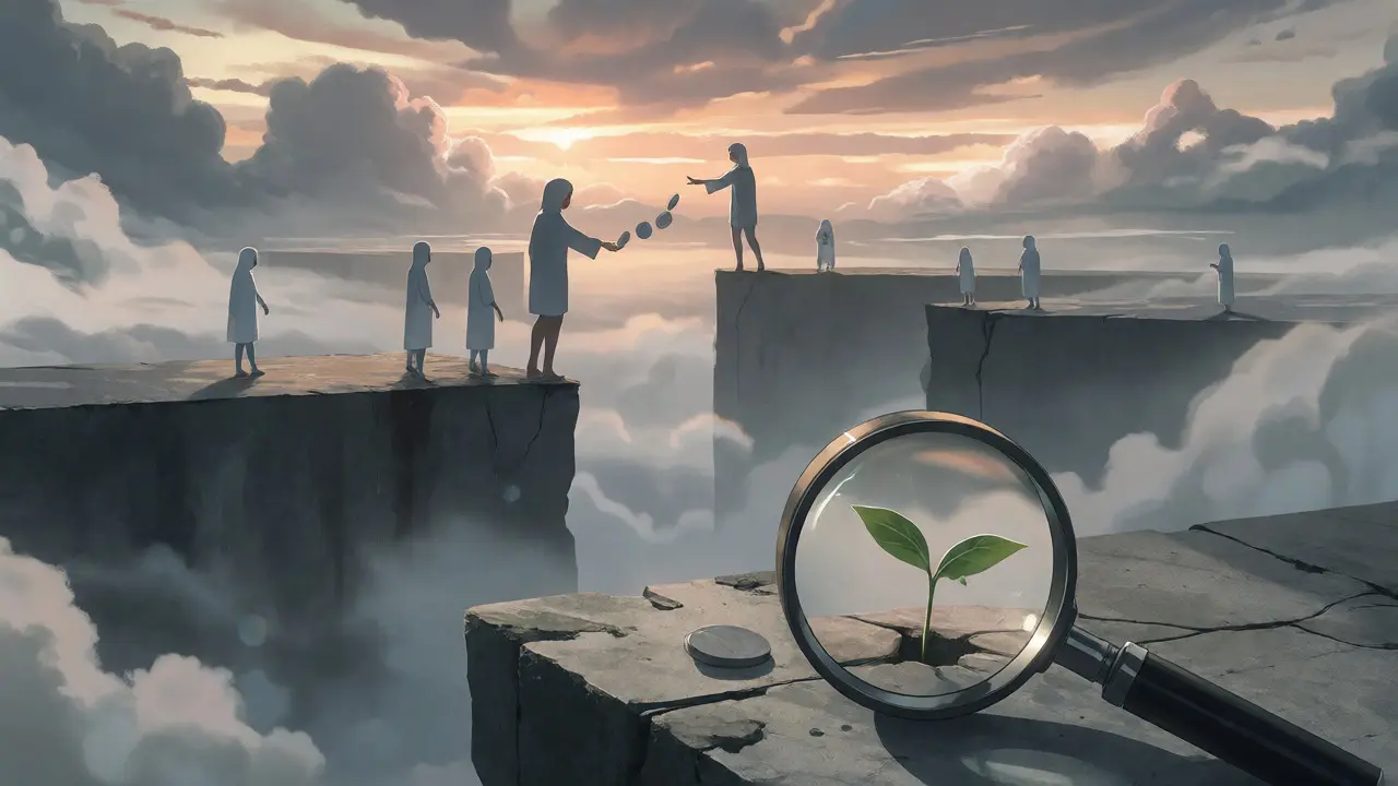 Figures on isolated platforms in foggy landscape symbolizing low liquidity