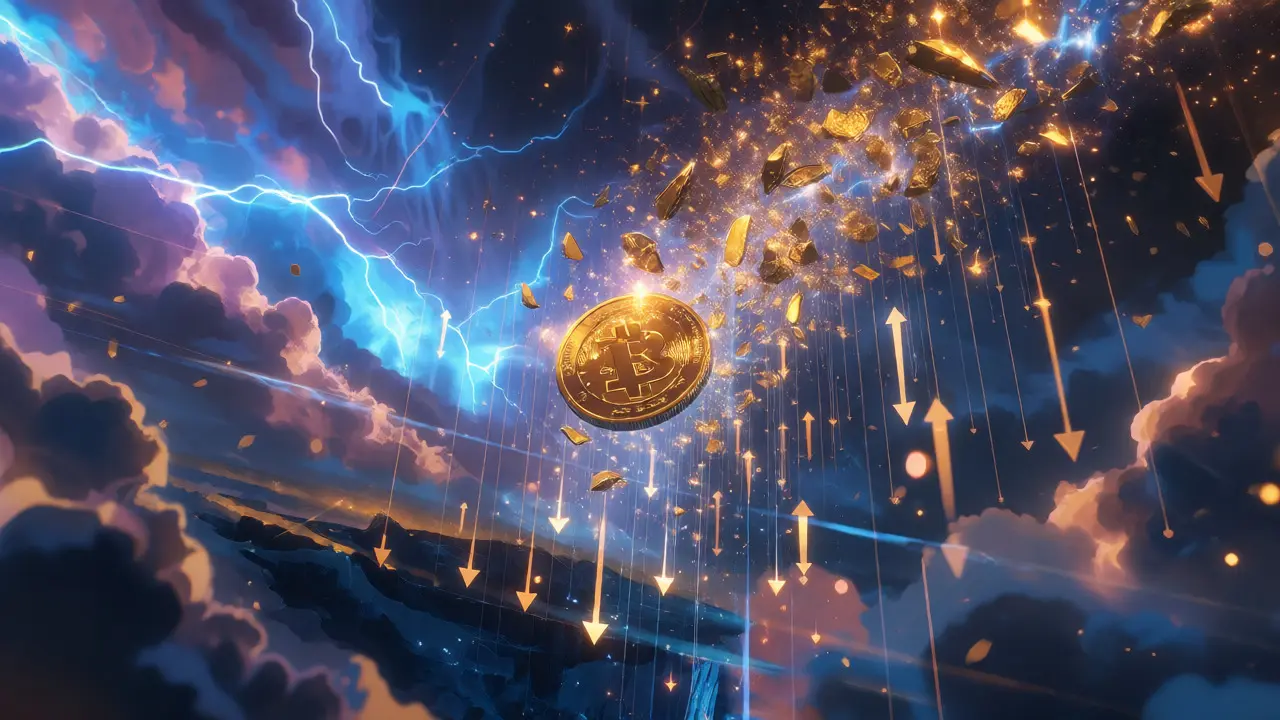 Golden coin shattering into light arrows amidst stormy sky
