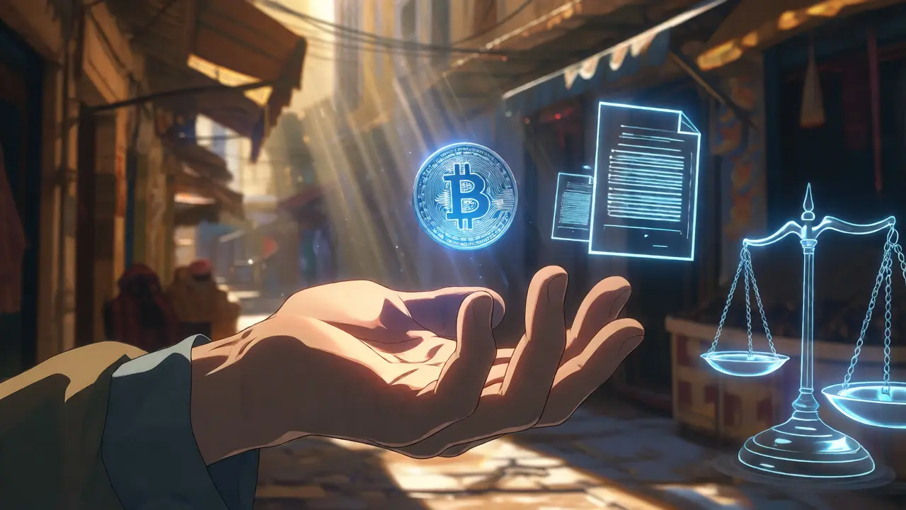 Hand holding crypto coin surrounded by legal scales in market setting