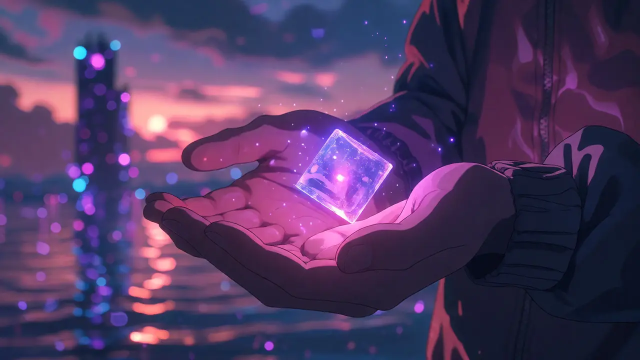 Hands holding a glowing NFT cube against a twilight metaverse background