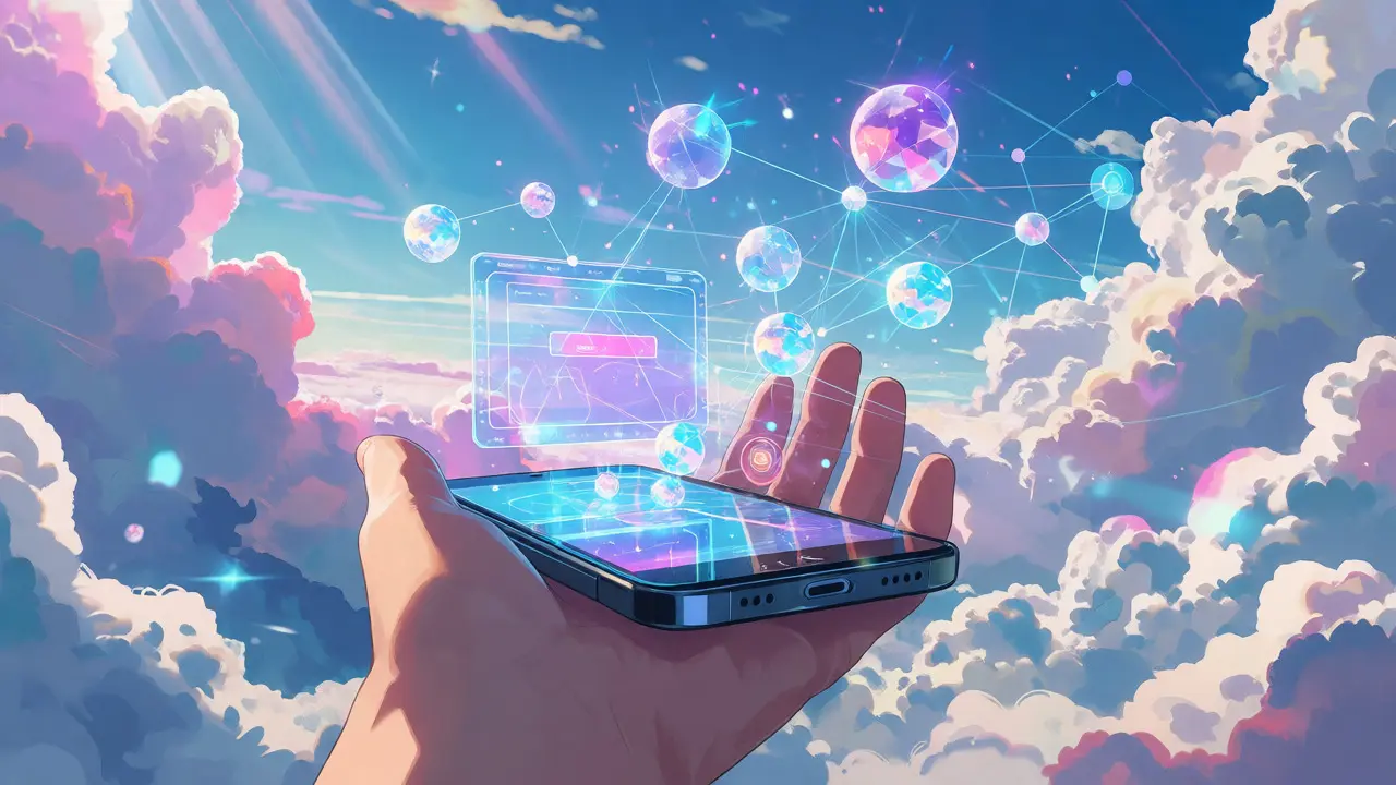 Holographic crypto wallet interface connecting to a decentralized network in bright daylight.