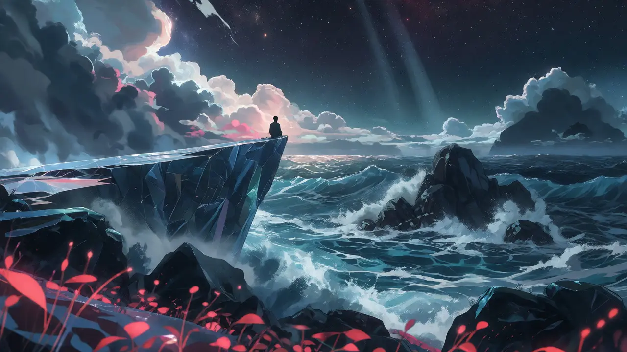 Lone anime figure on a crystal cliff overlooking a stormy sea with distant stable islands under a starry sky.