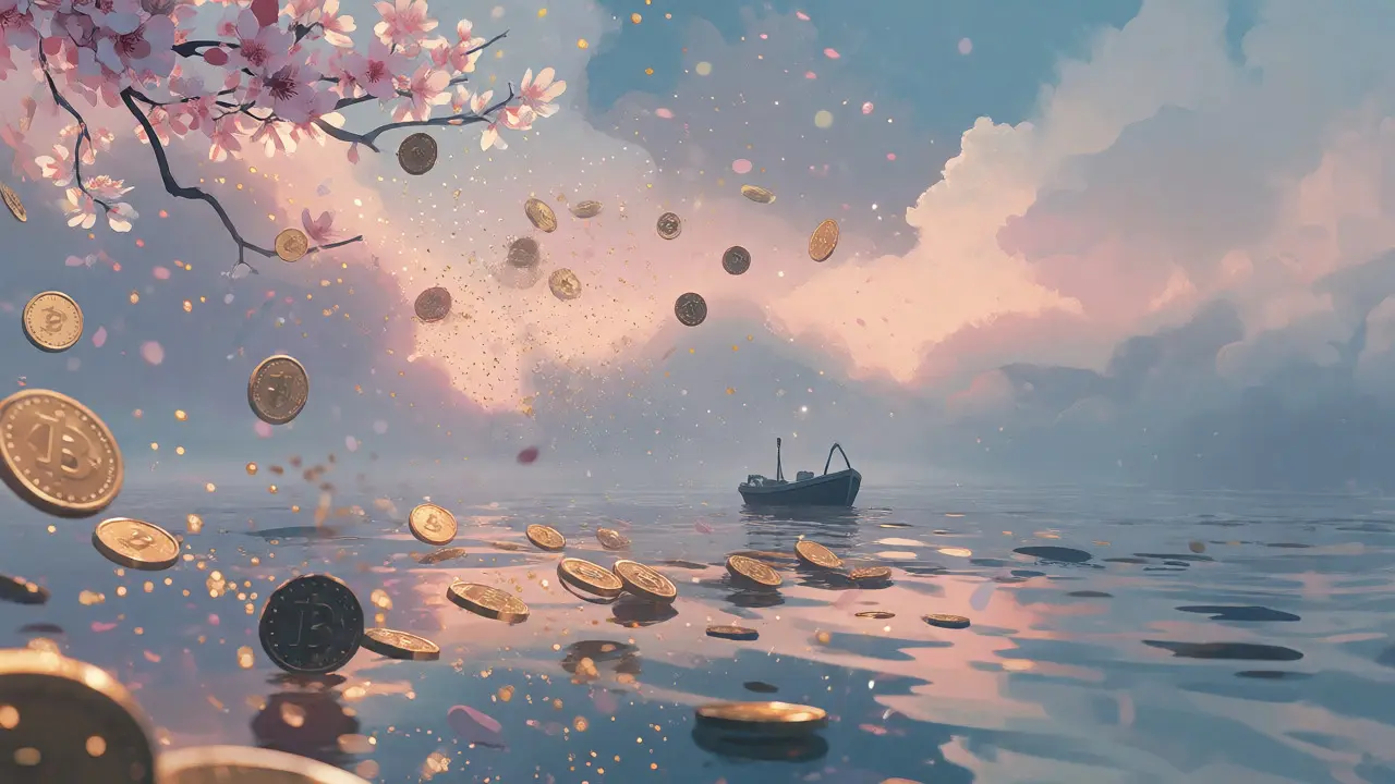 Lonely boat in a misty anime sea with dissolving golden coins, symbolizing low liquidity and market risk.