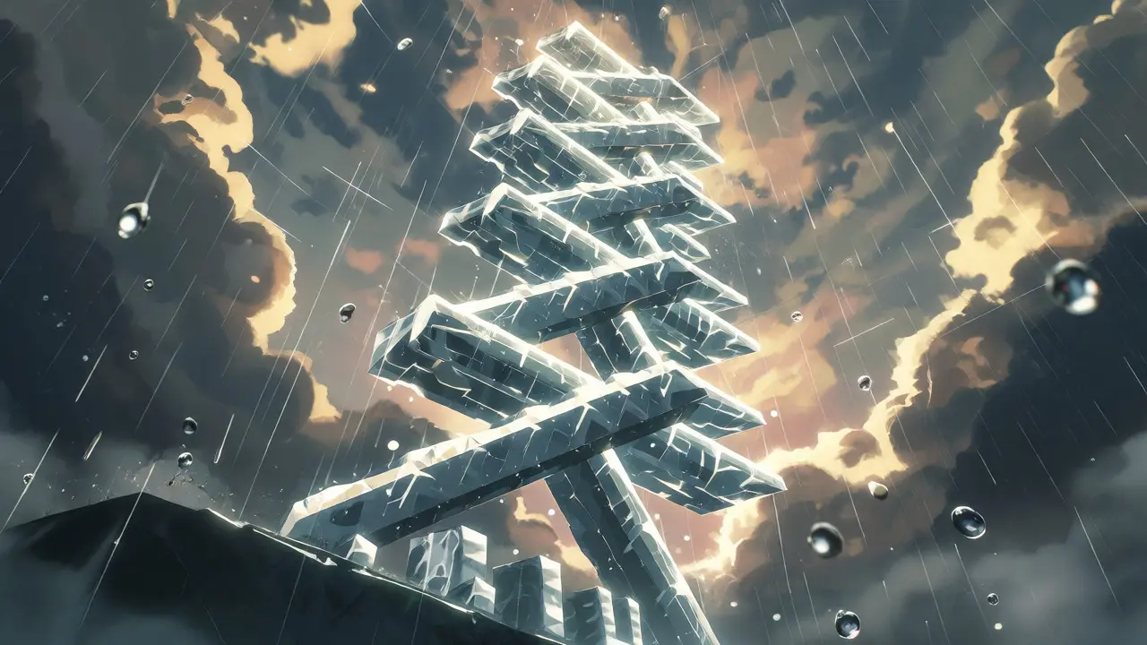 Low-angle view of a crystalline financial structure against a stormy sky with suspended raindrops.