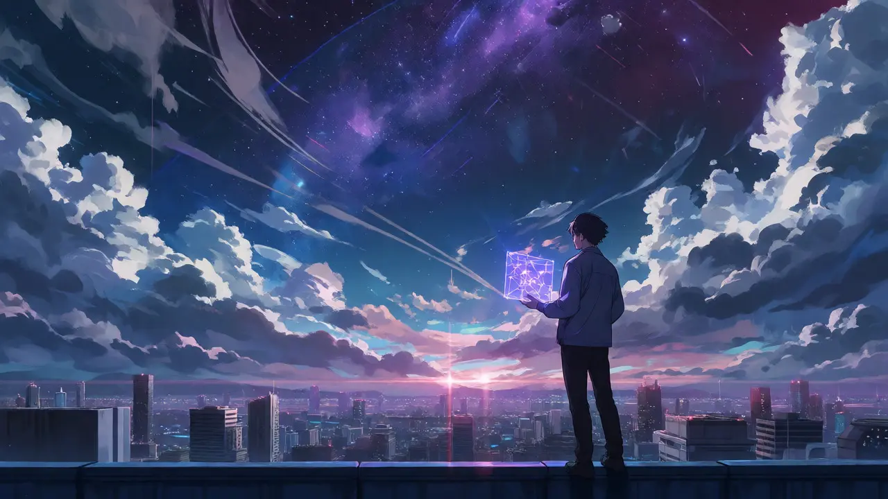 Person on rooftop viewing flickering blockchain hologram at night