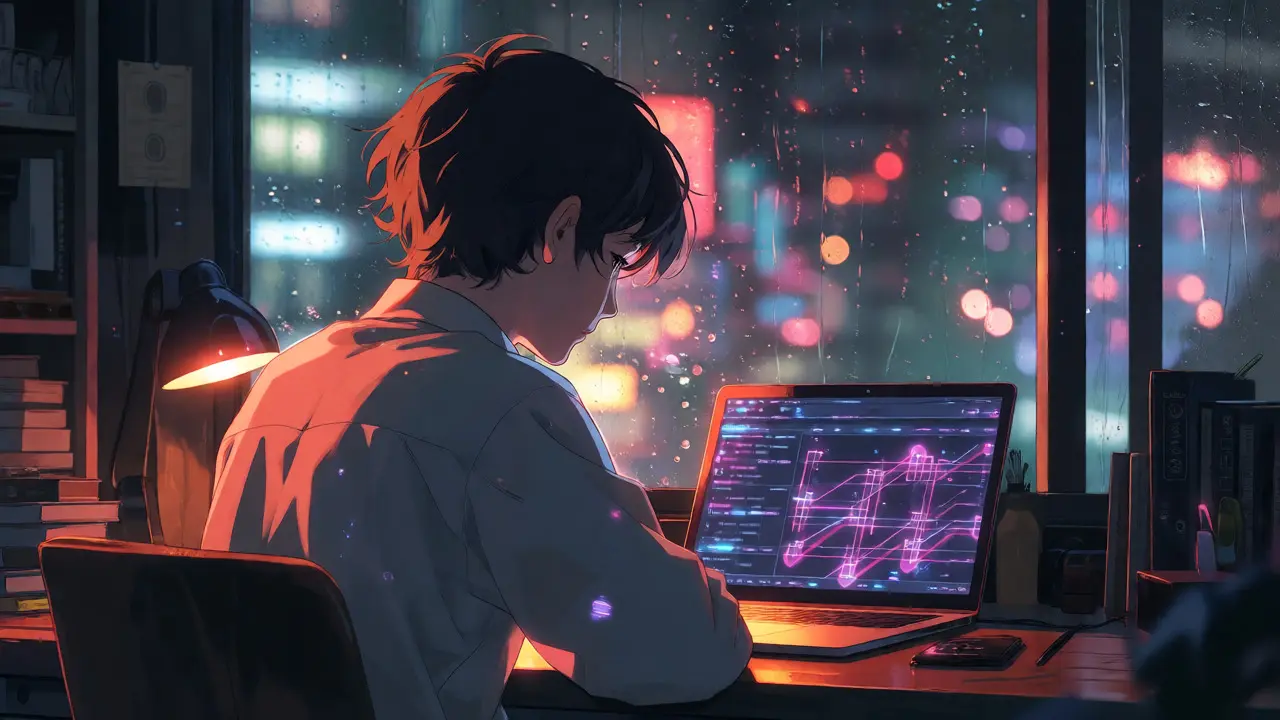 Person studying at desk with rain-streaked window and floating digital particles