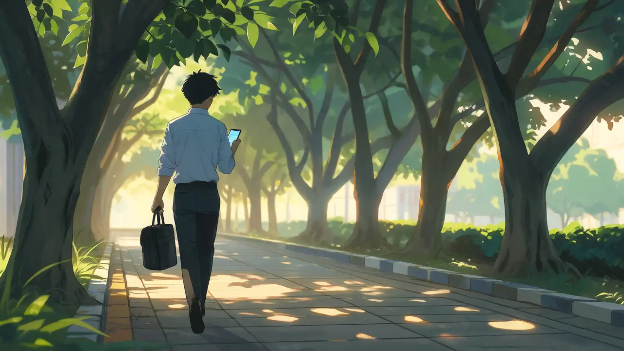 Person walking in Lagos morning light checking verified crypto transaction