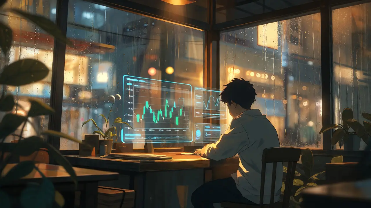 Person watching holographic crypto charts in a rainy, cozy cafe setting.