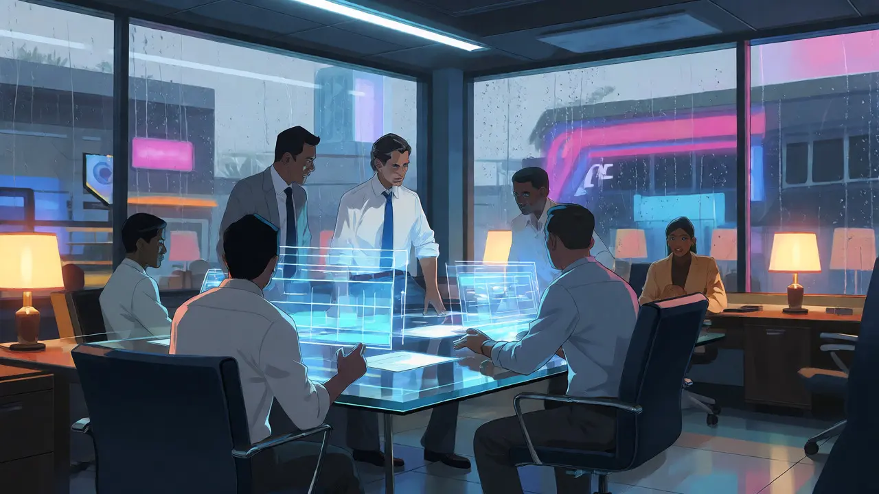 Professionals reviewing holographic crypto data in an Abuja office