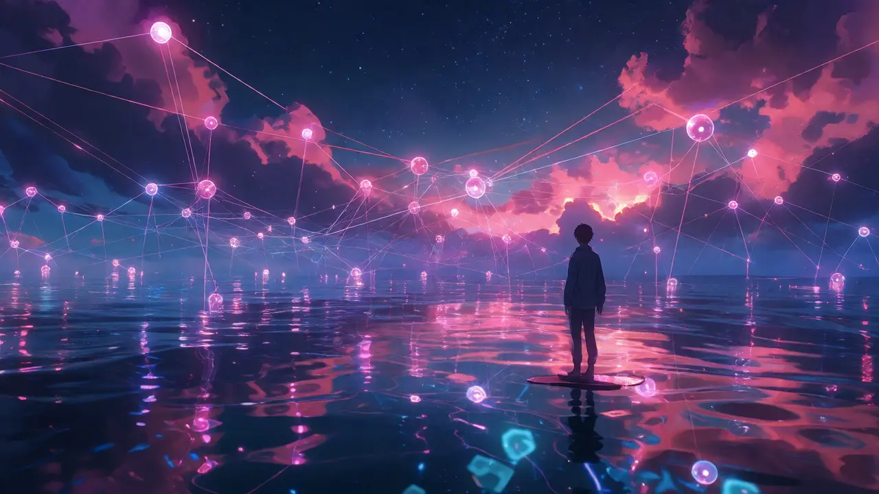 Serene anime scene of glowing delegate orbs connected by light threads over a twilight ocean, representing staking networks.