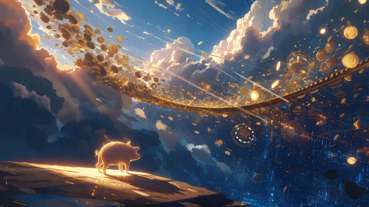 Stylized pig creature at edge of fragile digital coin bridge