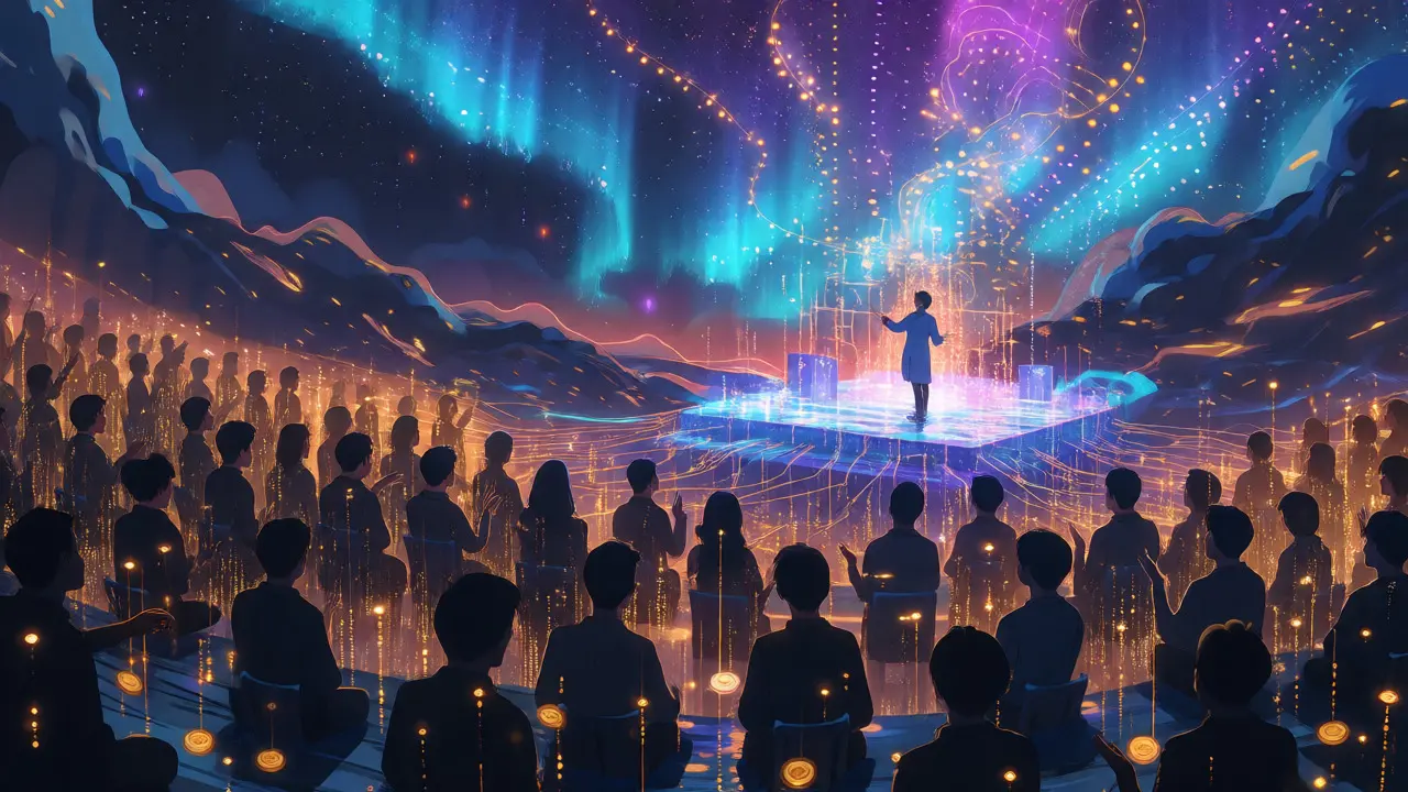 Surreal stage performance merging with a digital metaverse and AI aurora.
