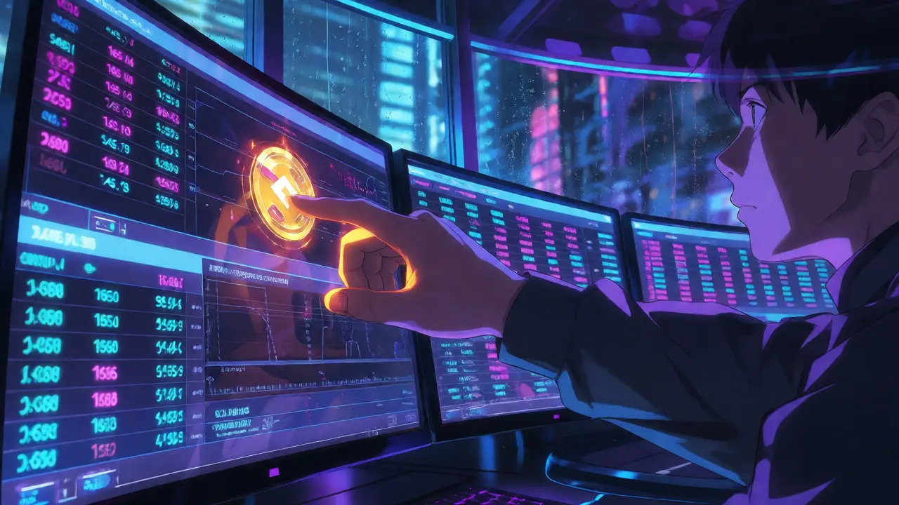 Trader interacting with glowing holographic trading screens in a rain-streaked, futuristic office setting.
