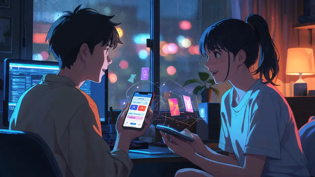 Two people discussing digital voting options with floating smart contract visuals.
